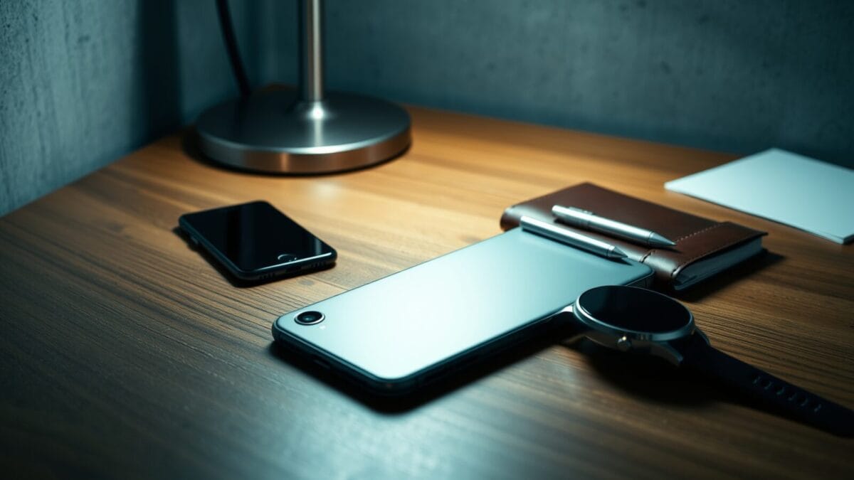 Bureau en bois clair avec smartphone retourné, carnet en cuir et montre connectée écran masqué.