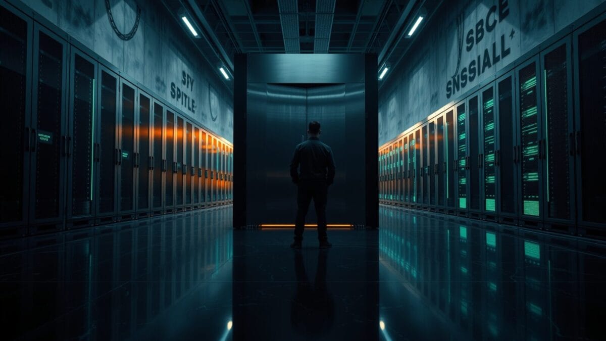 Salle des machines institutionnelle avec silhouette d'ingénieur de dos devant une armoire en acier brossé entrouverte.
