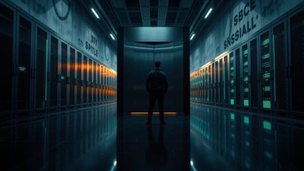 Salle des machines institutionnelle avec silhouette d'ingénieur de dos devant une armoire en acier brossé entrouverte.
