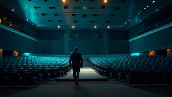 Auditorium d'entreprise vide au crépuscule, silhouette d'un présentateur de dos marchant vers la scène minimaliste.