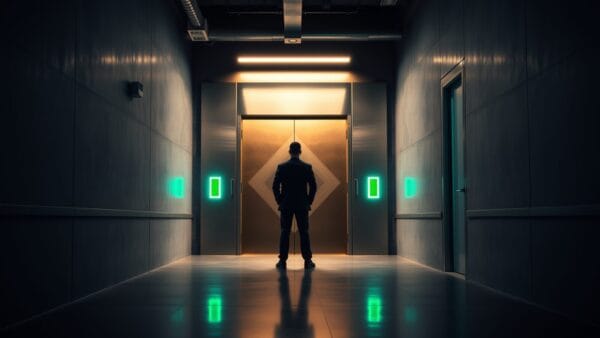 Couloir d'usine de semi-conducteurs avec porte de salle blanche entrouverte et silhouette d'ingénieur de dos au loin.