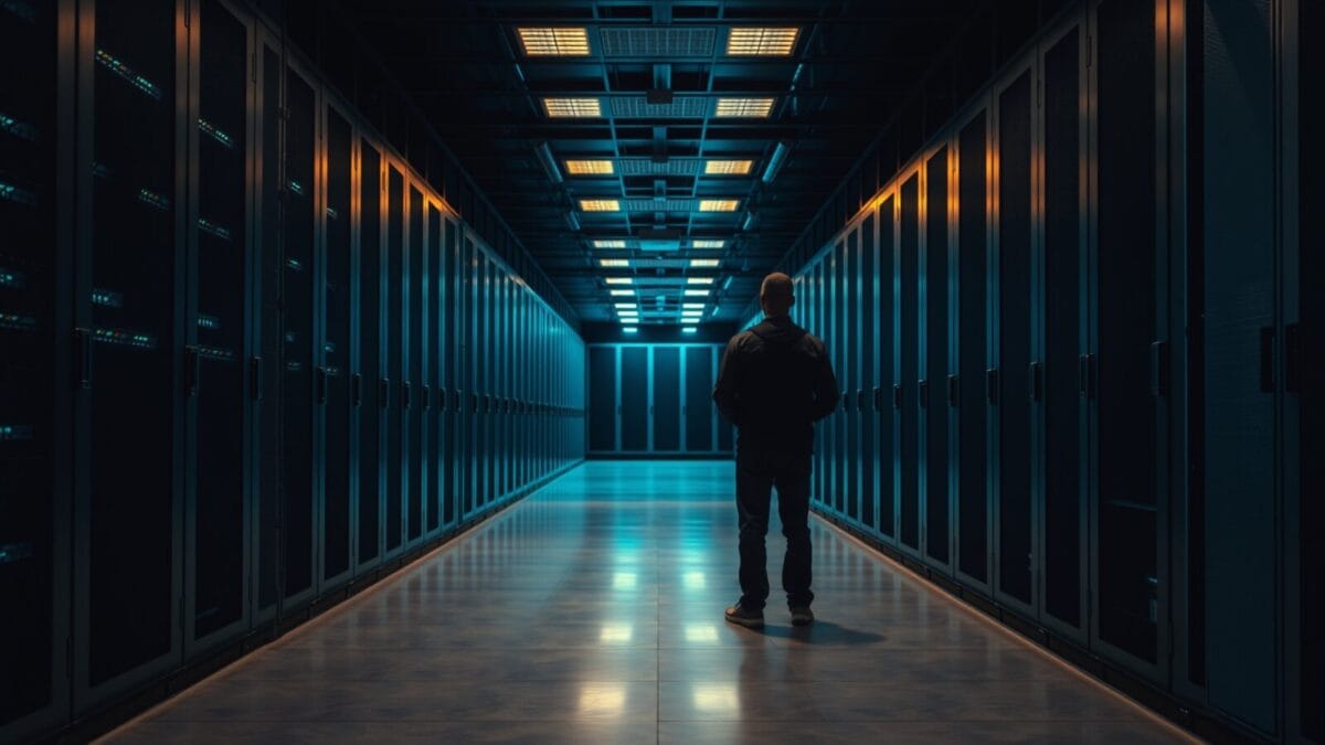 Couloir de salle des serveurs plongé dans la pénombre, baies sombres et silhouette d'un technicien au loin.