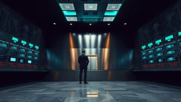 Salle de contrôle corporate vide, silhouette de dos au loin, ambiance institutionnelle bleu nuit et accents émeraude.