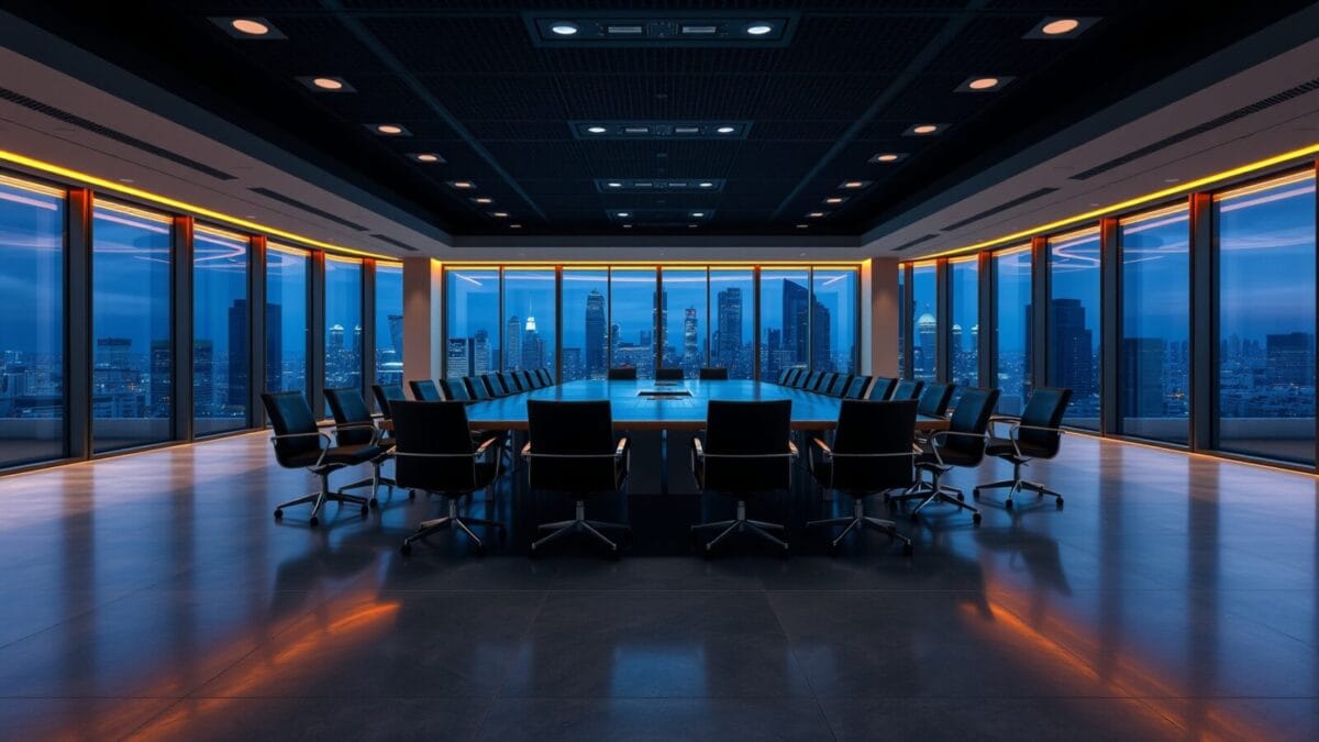ChatGPT : la refonte vers les agents redéfinit la stratégie d'OpenAI 1 Salle de conseil d'administration vide au crépuscule, table en acier brossé et baies vitrées sur skyline.