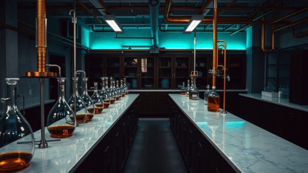 Laboratoire de chimie industrielle au crépuscule, rangées de réacteurs en acier brossé et flacons en verre ambré sur paillasse en marbre.