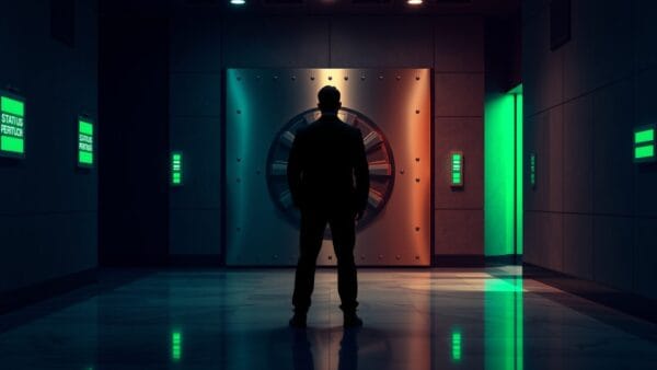 Porte de coffre-fort entrouverte dans un couloir institutionnel, silhouette d'analyste de dos à distance.