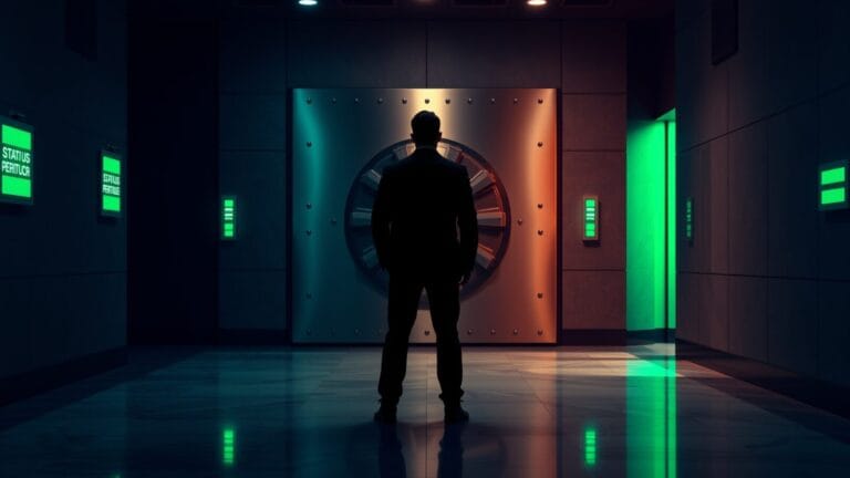 Porte de coffre-fort entrouverte dans un couloir institutionnel, silhouette d'analyste de dos à distance.