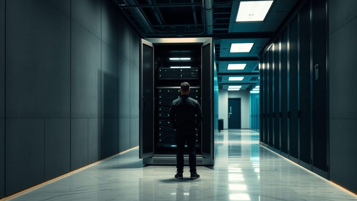 Cloudflare : comptes temporaires pour les agents IA 1 Armoire serveur en acier brossé entrouverte dans un couloir de datacenter, silhouette d'un technicien de dos au loin.