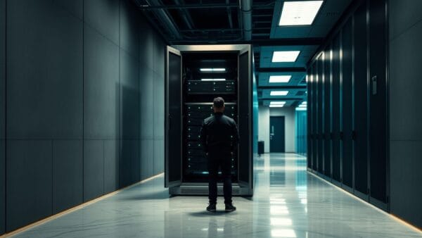 Armoire serveur en acier brossé entrouverte dans un couloir de datacenter, silhouette d'un technicien de dos au loin.
