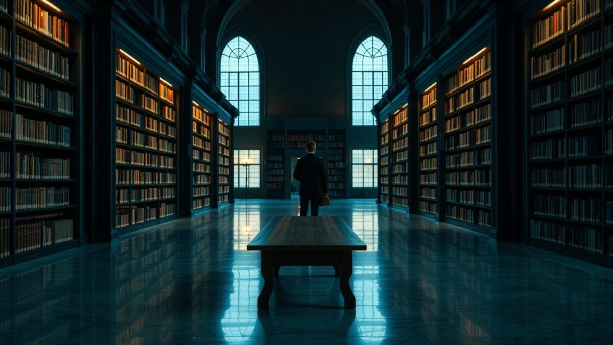 Vaste bibliothèque institutionnelle au crépuscule, silhouette d'un lecteur de dos au fond du corridor.