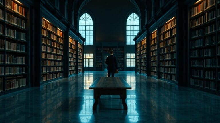 Vaste bibliothèque institutionnelle au crépuscule, silhouette d'un lecteur de dos au fond du corridor.