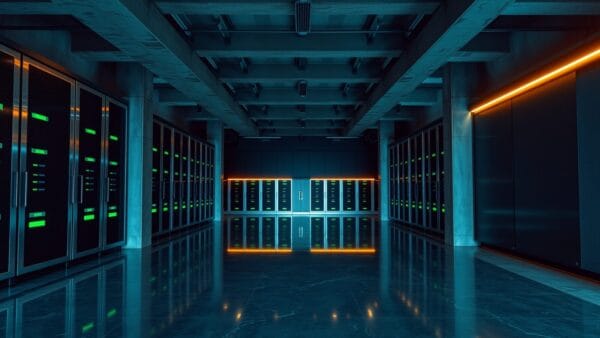 Salle de contrôle industrielle vide au crépuscule, baies serveurs en acier brossé, lumières vertes et ambres reflétées au sol.