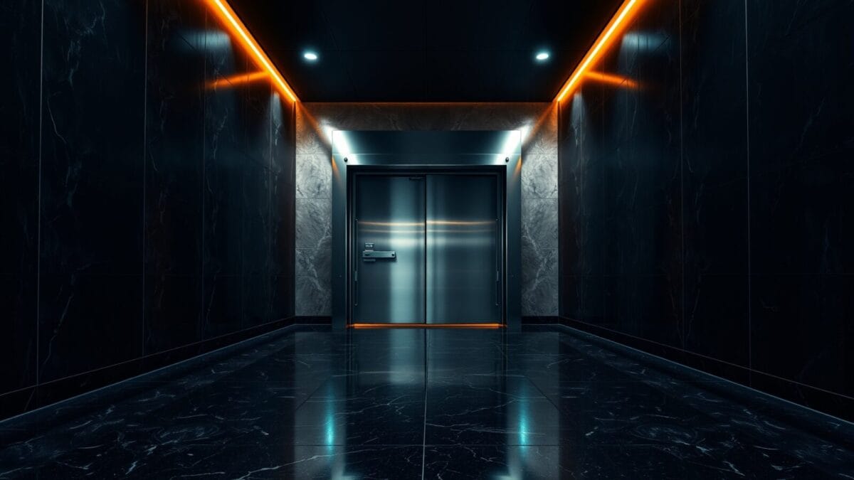 Couloir institutionnel sombre avec porte blindée entrouverte au fond, éclairage vert et ambre.