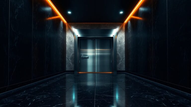 Couloir institutionnel sombre avec porte blindée entrouverte au fond, éclairage vert et ambre.