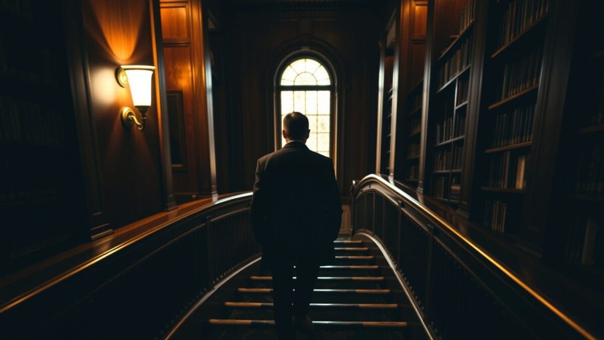 Créateurs de contenu IA : comment les repérer en 2026 (guide complet) 1 Escalier en spirale dans une bibliothèque institutionnelle au crépuscule, silhouette de visiteur de dos au loin.
