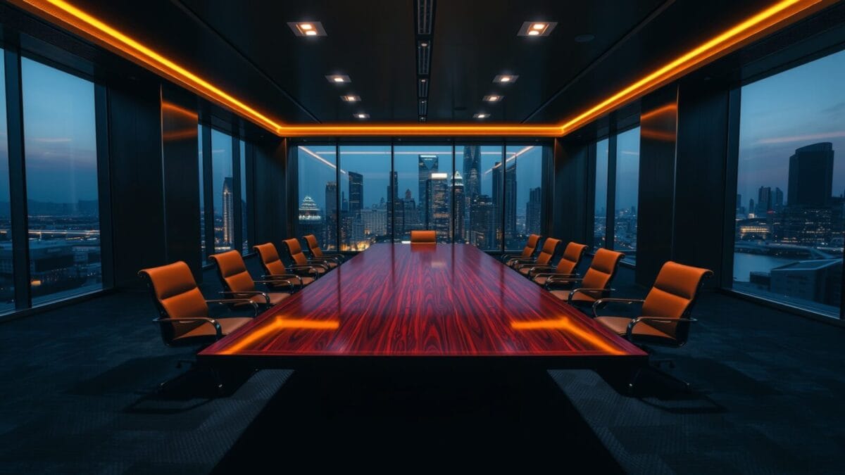 DeepSeek lève 7 Md$ : l'Asie reprend la main sur l'IA 1 Salle de conseil vide d'une tour de verre au crépuscule, vue sur un quartier d'affaires asiatique.