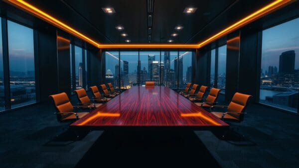 Salle de conseil vide d'une tour de verre au crépuscule, vue sur un quartier d'affaires asiatique.