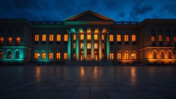 Façade d'un bâtiment institutionnel français au crépuscule, colonnes éclairées et plaza déserte.