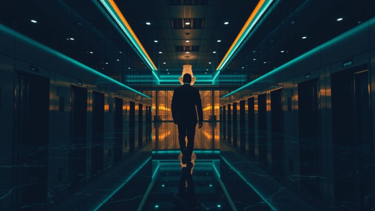 Hall d'entreprise technologique au crépuscule, silhouette d'un salarié de dos marchant vers les ascenseurs.