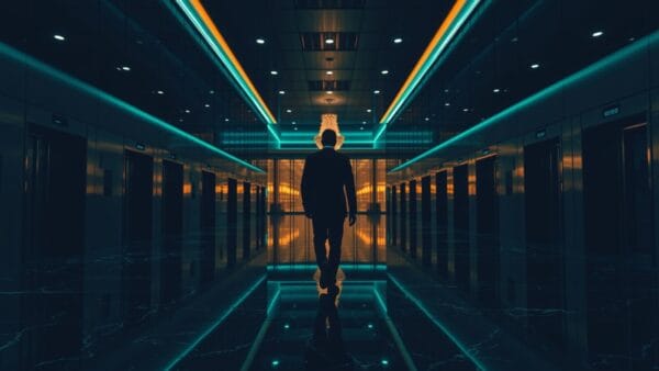 Hall d'entreprise technologique au crépuscule, silhouette d'un salarié de dos marchant vers les ascenseurs.