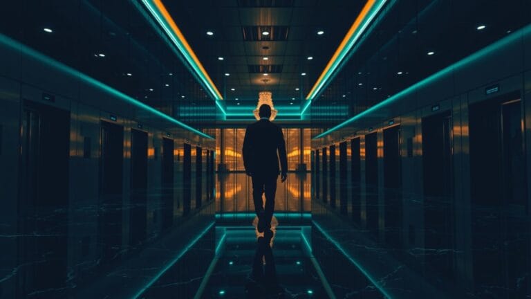Hall d'entreprise technologique au crépuscule, silhouette d'un salarié de dos marchant vers les ascenseurs.