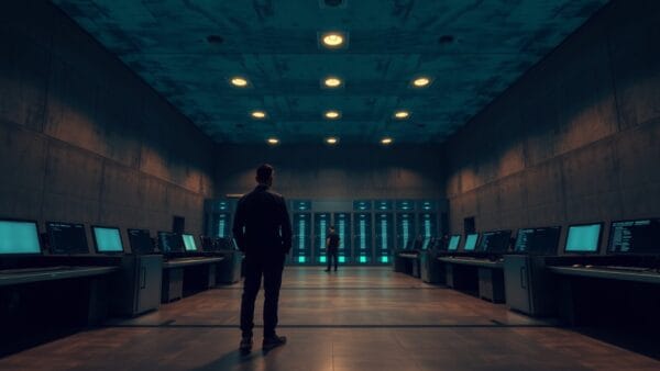 Salle de contrôle technologique vide au crépuscule, silhouette d'un technicien de dos au loin.