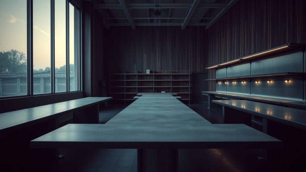 Studio de conception vide au crépuscule, tables en béton et étagères en acier brossé sous une lumière froide.