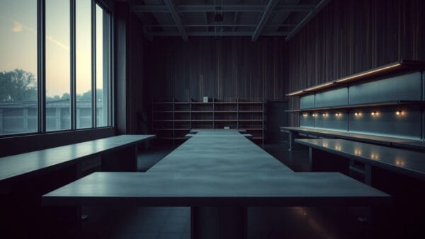 Studio de conception vide au crépuscule, tables en béton et étagères en acier brossé sous une lumière froide.