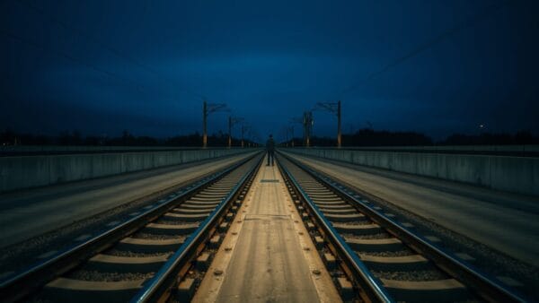Une bifurcation de rails en acier au crépuscule, une silhouette de dos près de l'aiguillage.