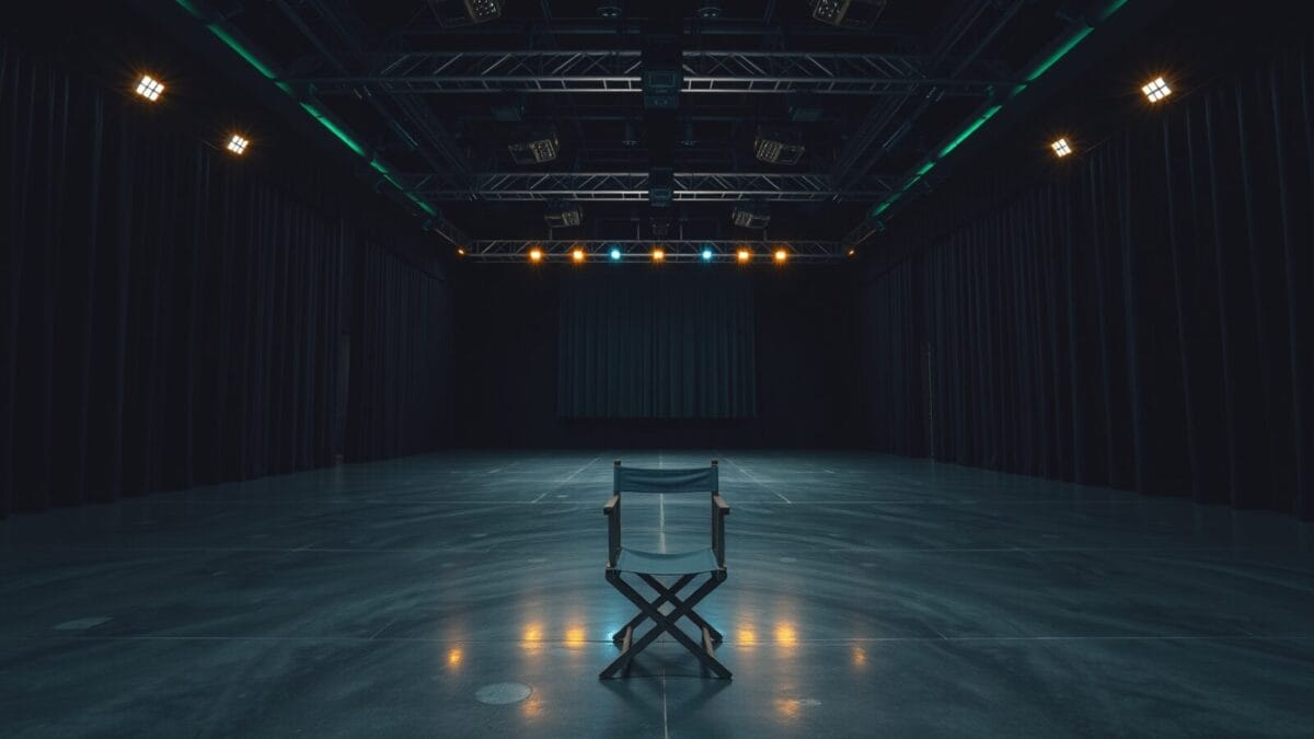 Plateau de tournage vide au crépuscule avec chaise de réalisateur centrée sous éclairage cinématographique.