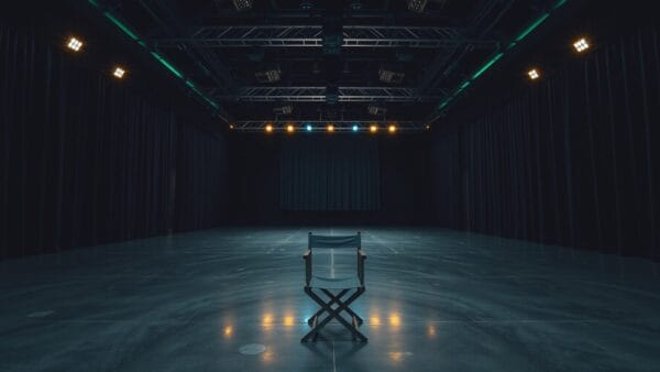 Plateau de tournage vide au crépuscule avec chaise de réalisateur centrée sous éclairage cinématographique.