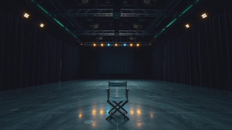 Plateau de tournage vide au crépuscule avec chaise de réalisateur centrée sous éclairage cinématographique.