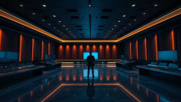 Salle de montage vidéo professionnelle déserte au crépuscule, silhouette d'un monteur au fond.