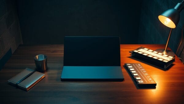 Bureau éditorial au crépuscule avec ordinateur portable fermé, carnet en cuir et clap de cinéma vintage.