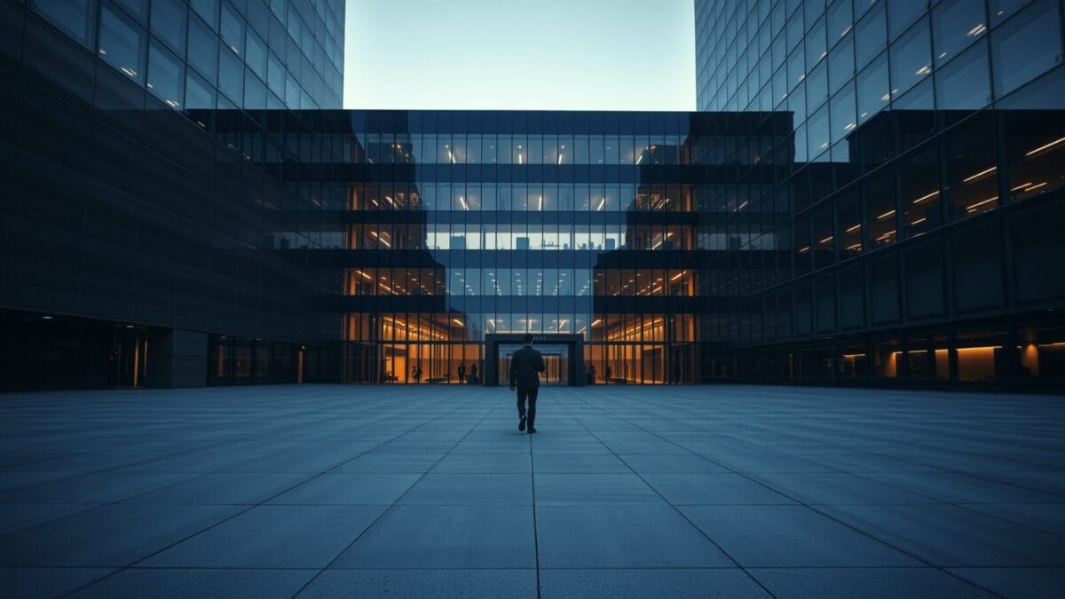 Google AI Plus passe à 4 $ : guerre des prix IA lancée 1 Façade d'un siège social au crépuscule, silhouette d'un employé s'éloignant sur une esplanade vide.