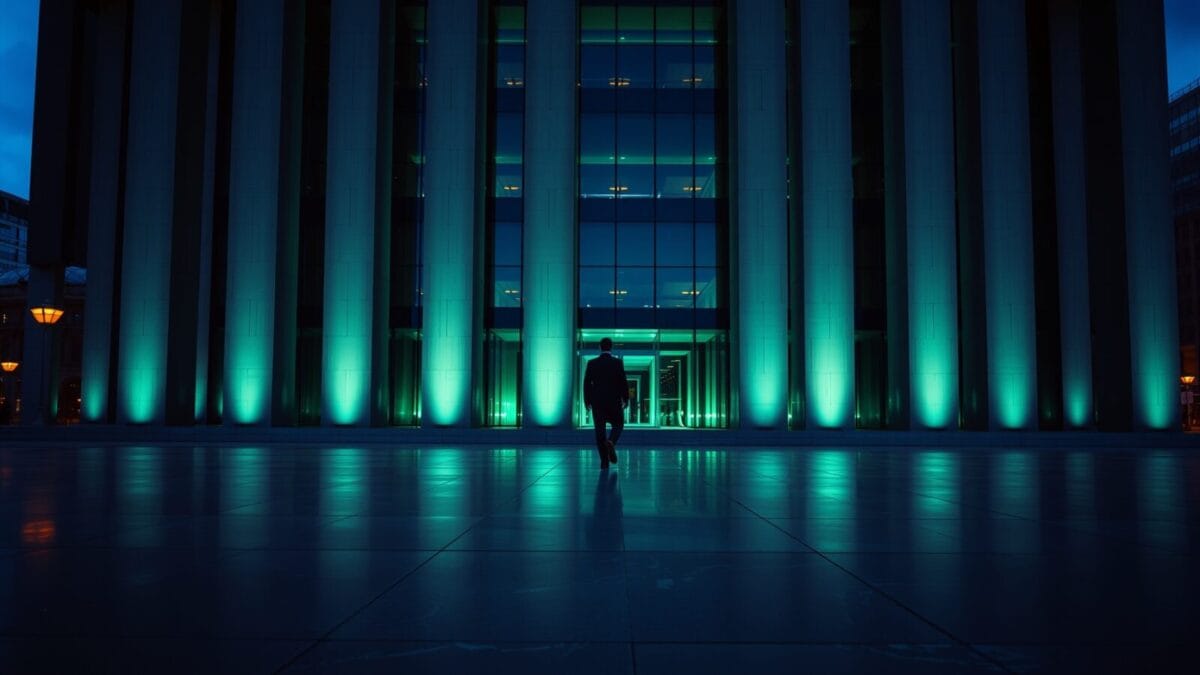 Façade institutionnelle au crépuscule avec silhouette d'un passant marchant de dos sur une esplanade de marbre.