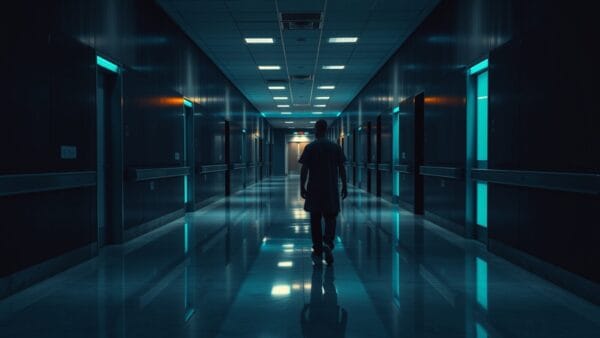 Couloir d'hôpital vide au crépuscule, silhouette d'un clinicien de dos au loin.