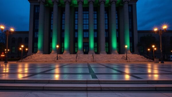 Façade d'un palais de justice au crépuscule, colonnes de béton et lumières vertes derrière les fenêtres.