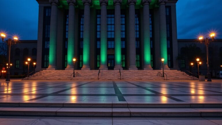 Façade d'un palais de justice au crépuscule, colonnes de béton et lumières vertes derrière les fenêtres.