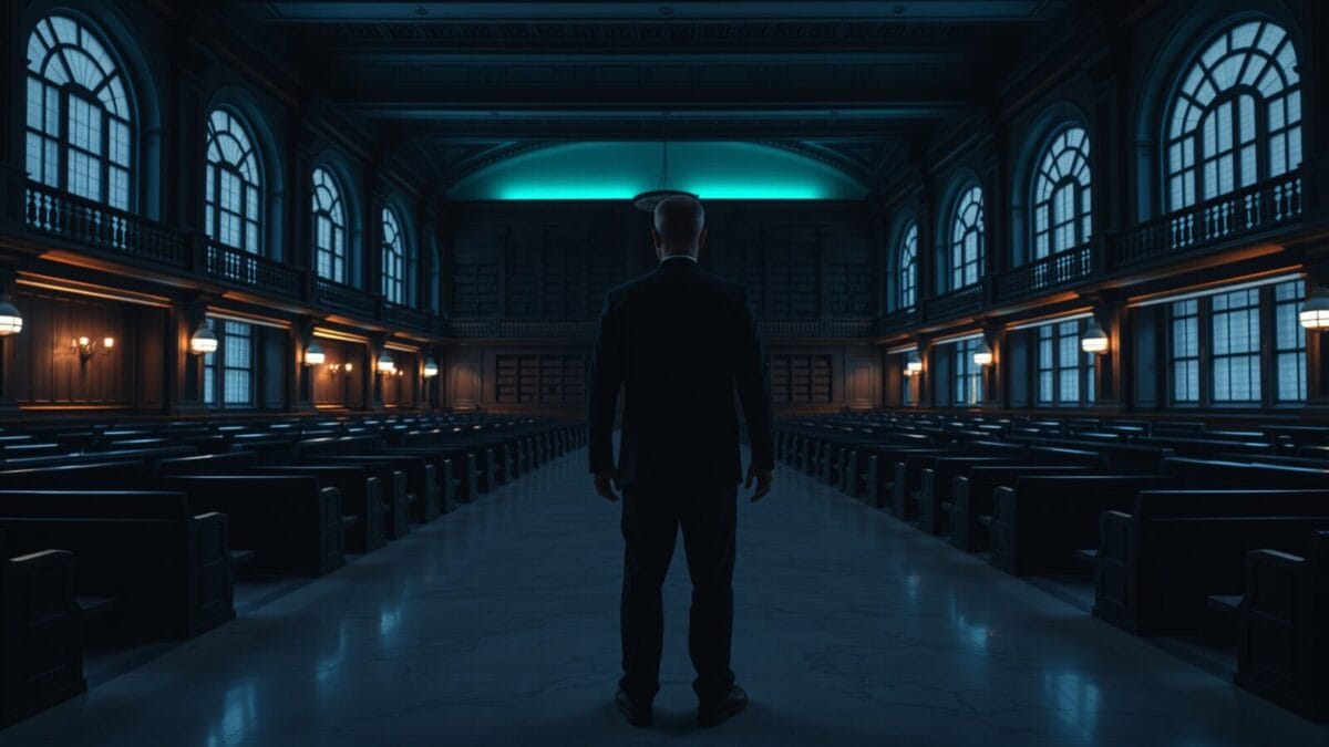 Google DeepMind : 10 M$ pour anticiper le risque systémique des agents IA 1 Salle institutionnelle vide au crépuscule, silhouette d'archiviste de dos au fond.