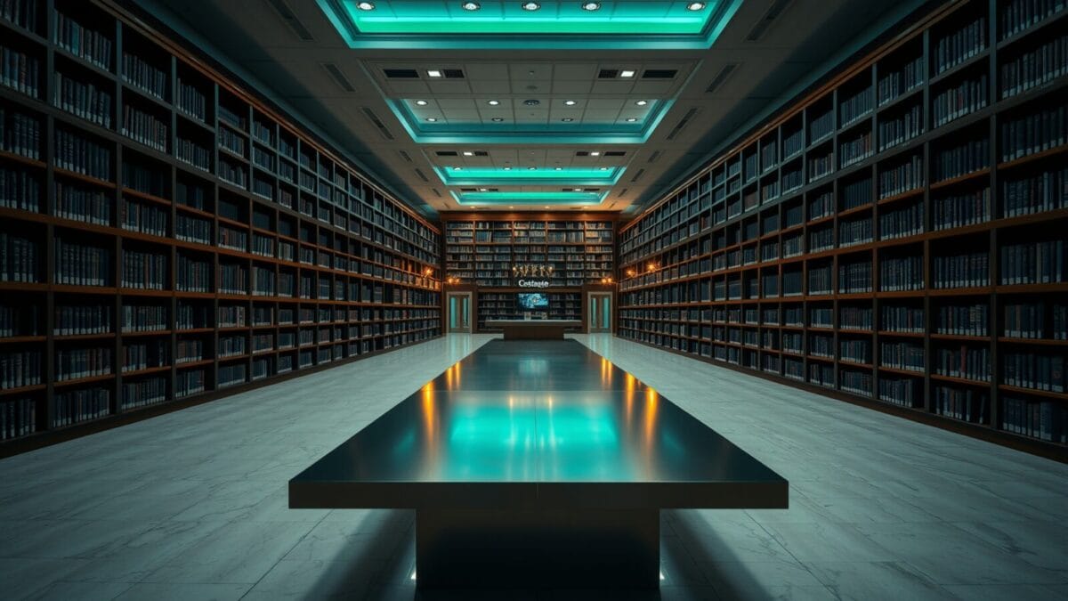 Google NotebookLM : 65 % de win rate avec Gemini 3.5 1 Bibliothèque institutionnelle vide au crépuscule, longue table en acier brossé et étagères en bois sombre.
