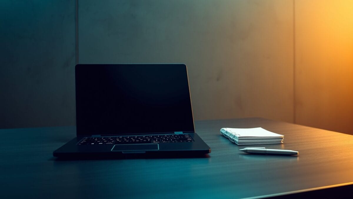 Bureau ordonné avec ordinateur portable fermé et carnet, éclairage sobre, sans personne ni écran allumé.