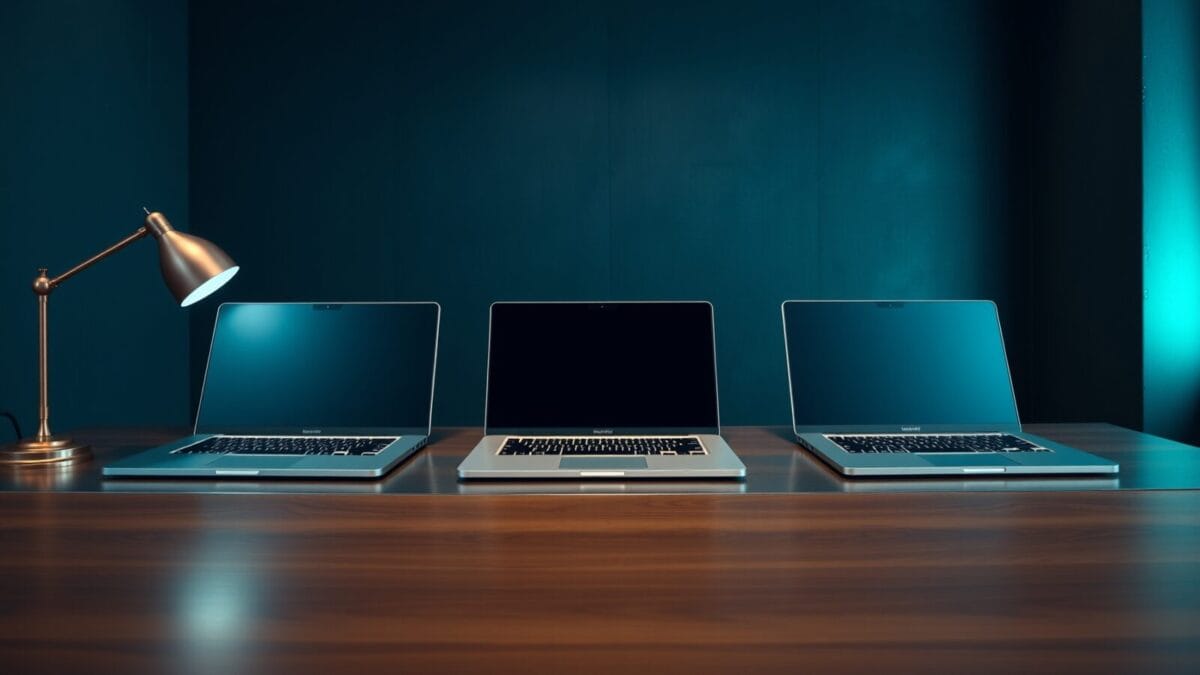 Trois ordinateurs portables fermés alignés sur un bureau en acier brossé, éclairage tamisé.