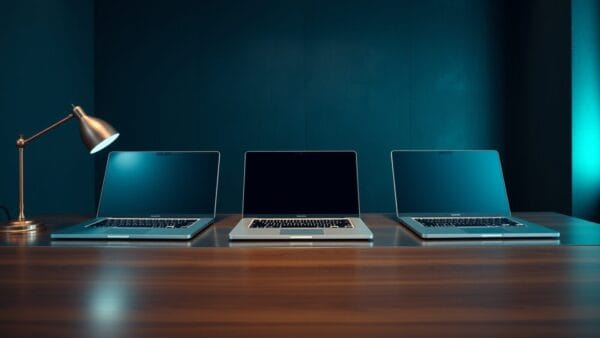 Trois ordinateurs portables fermés alignés sur un bureau en acier brossé, éclairage tamisé.