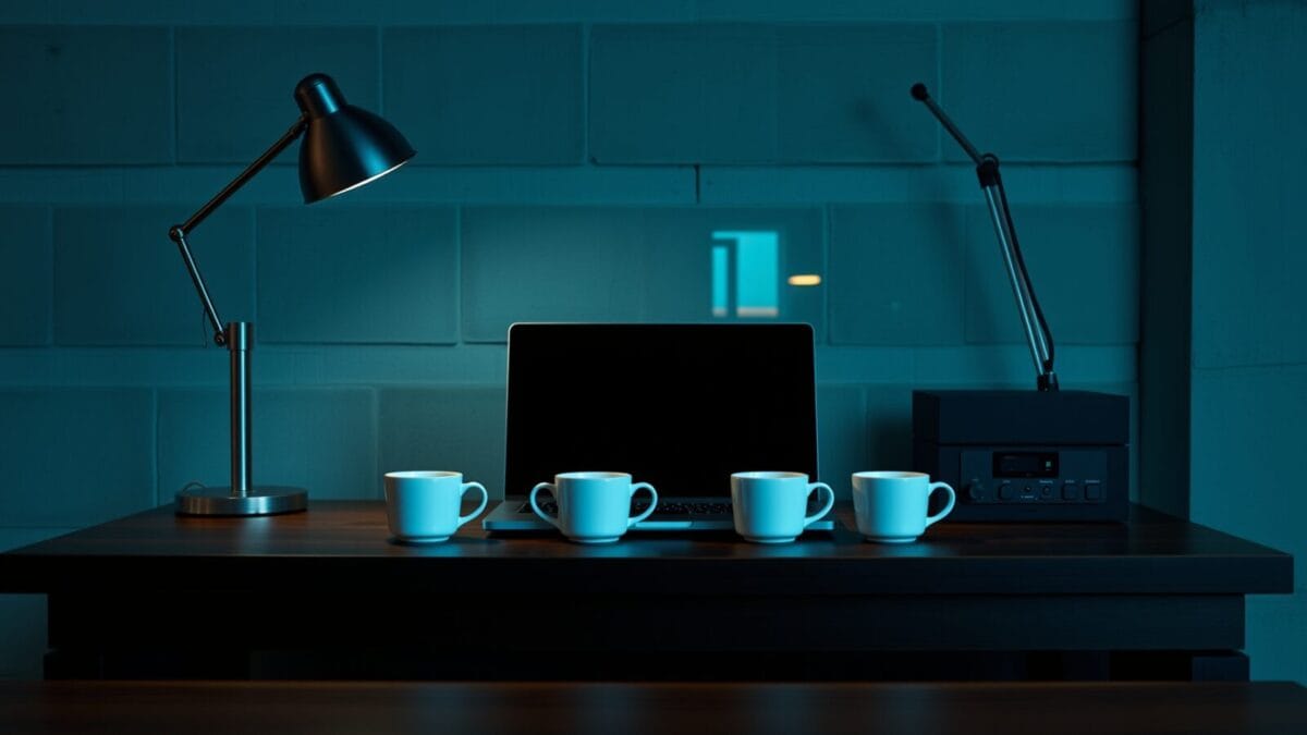 Bureau de développeur épuré au crépuscule, ordinateur portable fermé et lampe éteinte sur table en bois sombre.