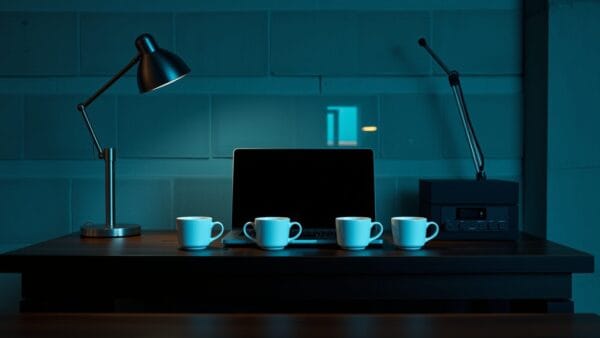 Bureau de développeur épuré au crépuscule, ordinateur portable fermé et lampe éteinte sur table en bois sombre.