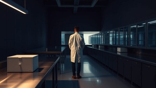 Laboratoire d'immunologie silencieux au crépuscule, un chercheur de dos au loin entre des paillasses en acier.