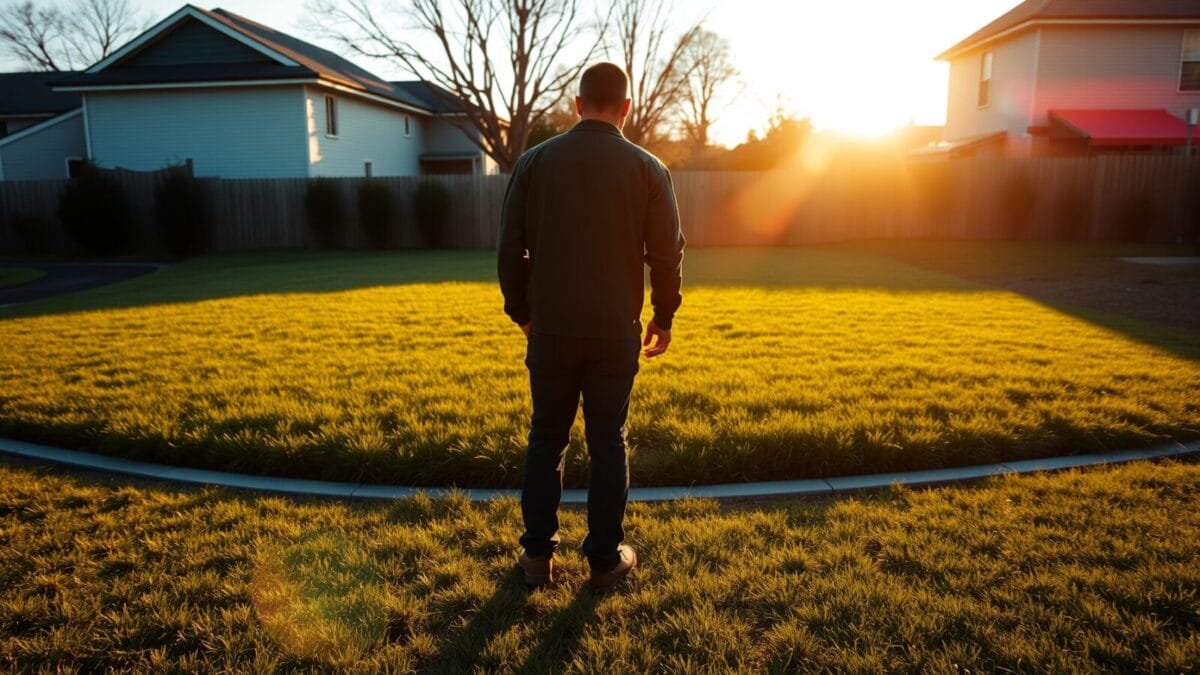 Pelouse de banlieue au crépuscule, zone abîmée et zone saine séparées, silhouette de propriétaire de dos à distance.
