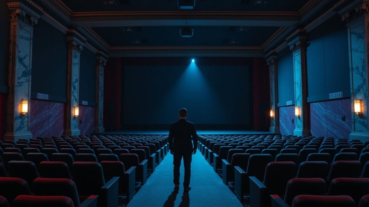 Salle de cinéma vide au crépuscule, silhouette d'un spectateur seul face à l'écran sombre.