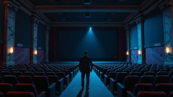 Salle de cinéma vide au crépuscule, silhouette d'un spectateur seul face à l'écran sombre.
